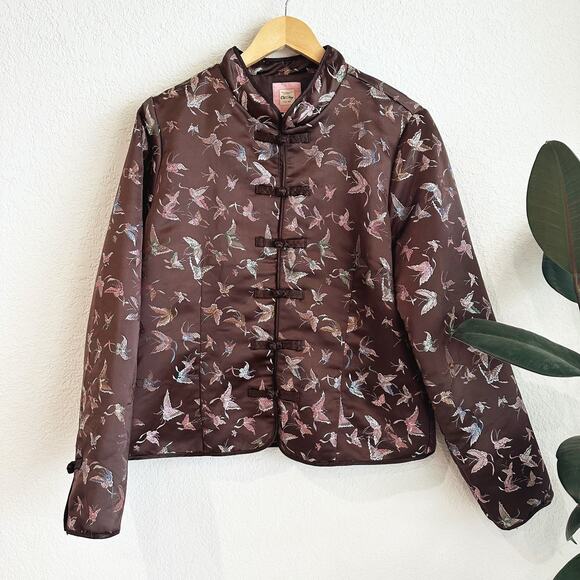 VTG Y2K Old Navy Asian Style Satin Jacket XL Butterfly Artsy Lined Brown - Picture 1 of 10